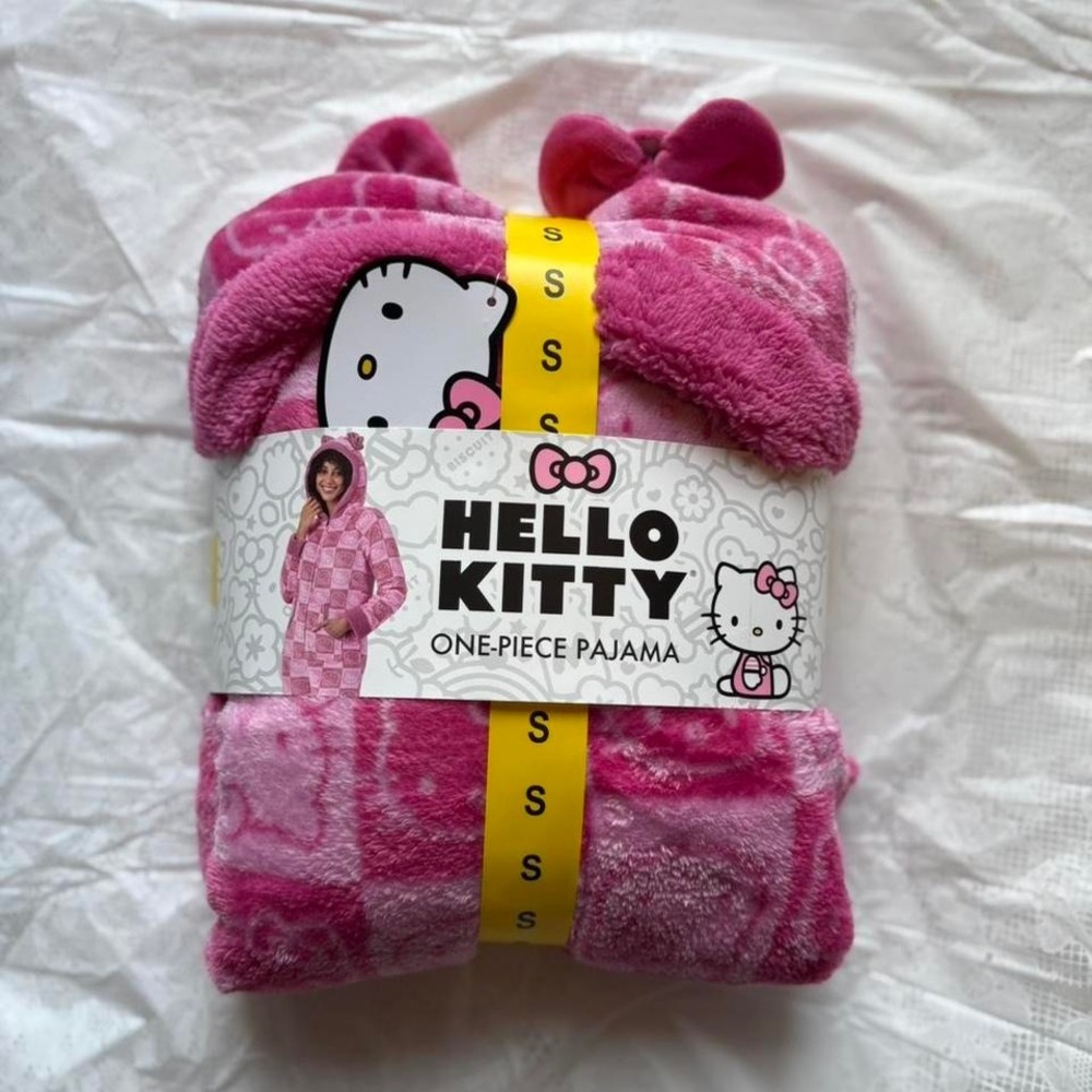 Hello Kitty Pink Checkered One-Piece Pajama Plush Fleece Union Suit Small